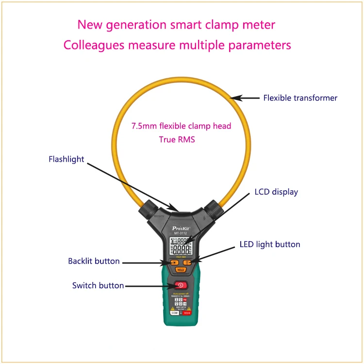 Proskit Smart True RMS Flex Clamp Meter двойной дисплей тест 0.1A-3000A Автоматический диапазон тока клещи Амперметр клещи мультиметр
