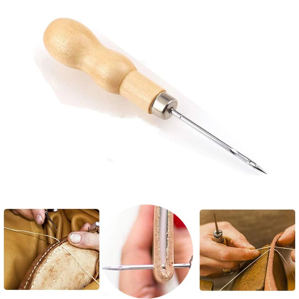 Froiny 3pcs Wooden Handle Sewing Awl DIY Carft Stitch Needle Cone Die Stencils Canvas Shoes Repair Punch Awl Leather Craft Awl Tool 