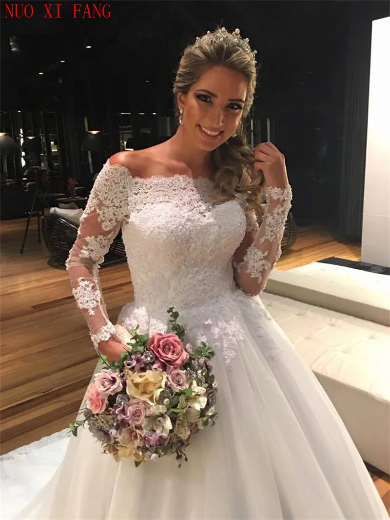 NUOXIFANG Vintage Robe de mariee Boat Neck Long Sleeves Wedding Dress Bridal Gown Lace Appliques Beaded 2020 vestidos de novia