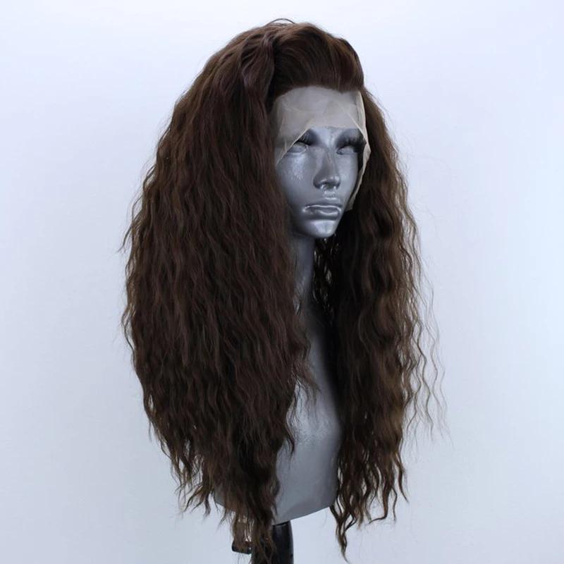 RONGDUOYI темно-коричневый термостойкие волокна волос синтетический парик фронта шнурка с боковой частью волна воды длинные 13x3 парики шнурка для женщин
