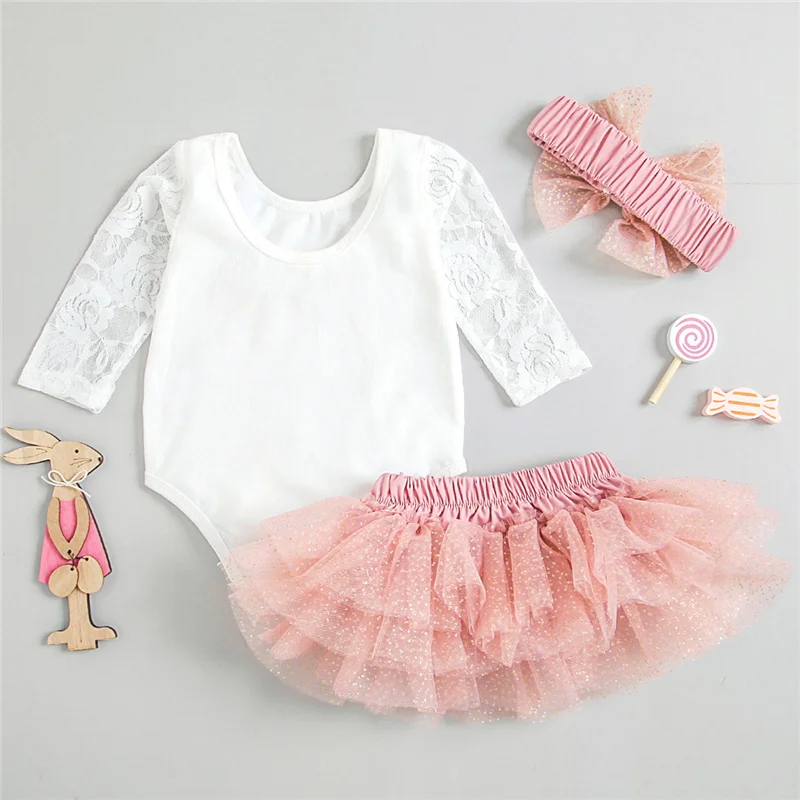 Baby Girl Clothing Set, My First Birthday Outfits, Long Sleeve Floral Lace Romper + Tutu Skirt + Headband, 0-30Months