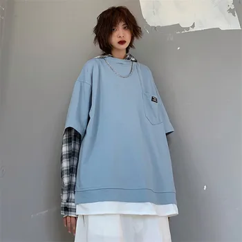 

Focal20 Streetwear Plaid Patchwork Hooded Sweatshirt Fake 2 Pieces Women Hoodies Tops Loose Autumn Lady Pullovers Sweatshirts