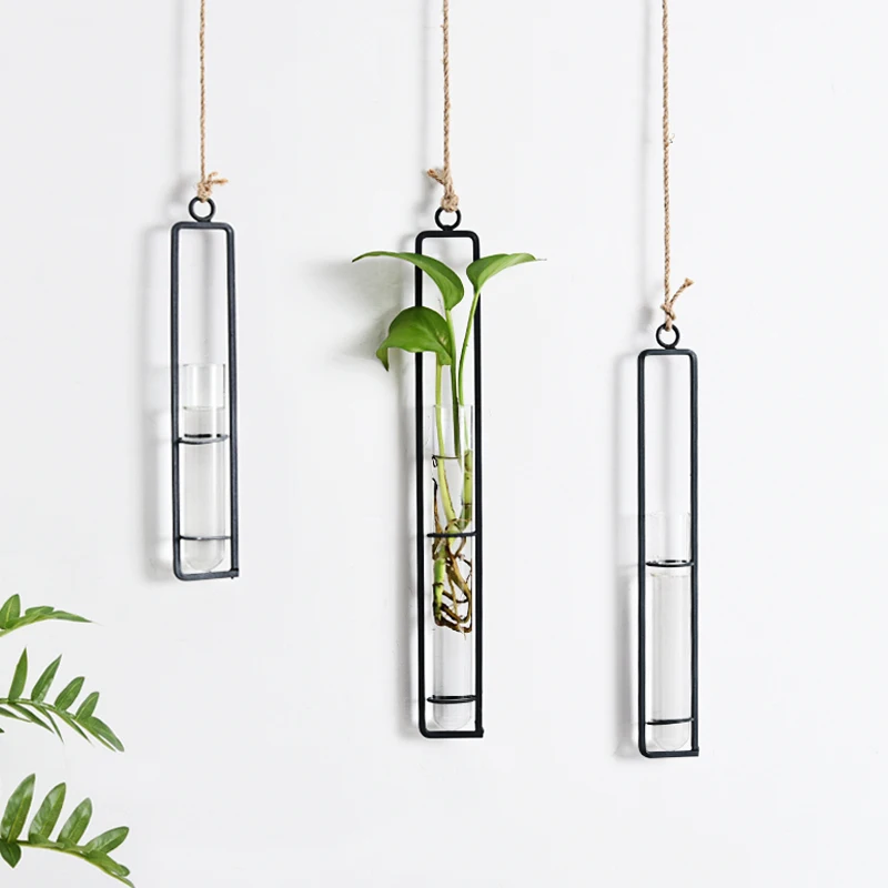 Wall Vase Iron Glass Hydroponics Planter Pot Wall Hanging Flower Bottle Home Ornament Decor
