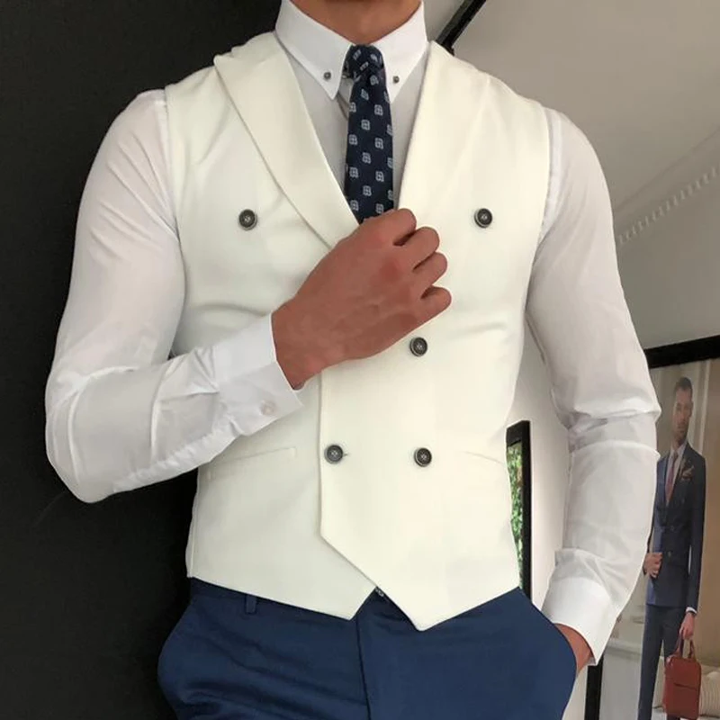 White Slim Fit Men Vest with Double Breasted One Piece Custom Male Suit Wasitcoat Peaked Lapel Wedding Gromsmen Waist Coat New 2