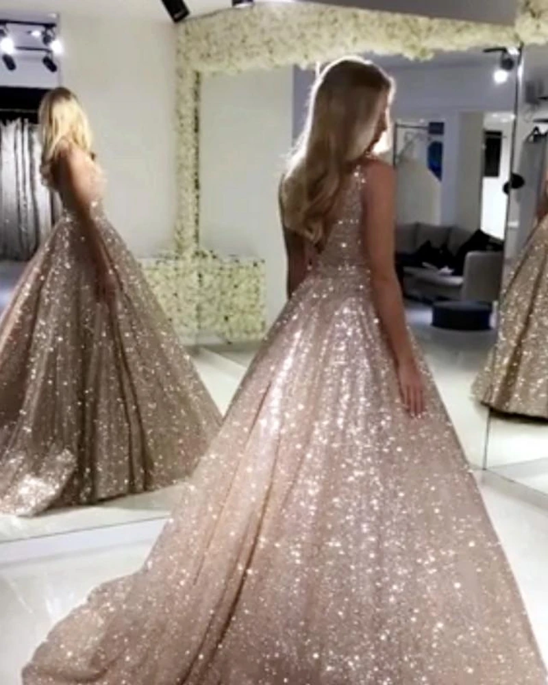 yellow formal dresses Gorgeous Rose Gold Sequined Prom Dresses 2019 Sparkle Sequin Ball Gown Evening Dress Backless Abiye Party Dress Robe De Soiree long prom dresses