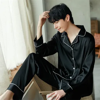 

Pijama Hombre New Male Spring Thin Ice Silk Pajamas Autumn Long-sleeved Large Size Home Pajama Blue Ice Silk Suit Sommeil Tops