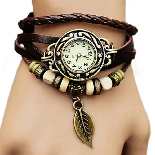 Уникальный бабочка лист Винтаж ювелирные часы Для женщин модные Искусственная кожа ремешок для рук браслет часы браслет кожаным ремешком для женских платьев часы подарок - Цвет: Кофе