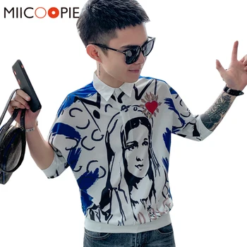 

Streetwear Mens Casual Shirts Virgin Printed Slim Fit Camisa Social Masculina Fashion Designer Elasticity Half Sleeve Shirt Tops