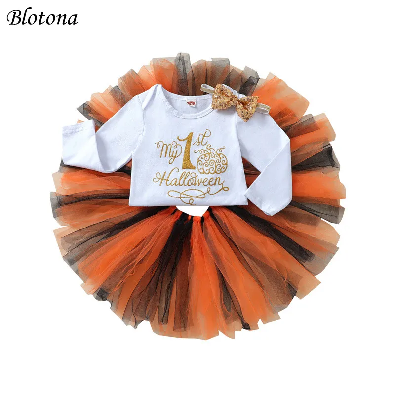 

Blotona 3Pcs Toddler Halloween Outfits, Letter Print O-Neck Long Sleeves Romper + Tutu Skirt + Headband for Girls, 0-18Months