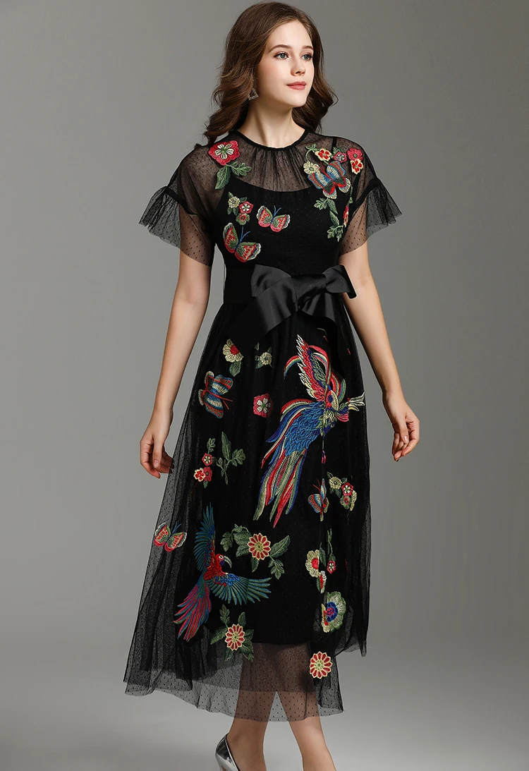MoaaYina, модное дизайнерское платье, летнее женское платье, короткий рукав, сетка, попугай, Бабочка, Цветочная вышивка, платья для отпуска