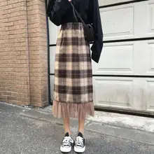 Весна осень Женская длинная юбка винтажная клетчатая Лоскутная Сетка подол миди шерстяные юбки Эластичная Высокая талия jupe femme милые saia