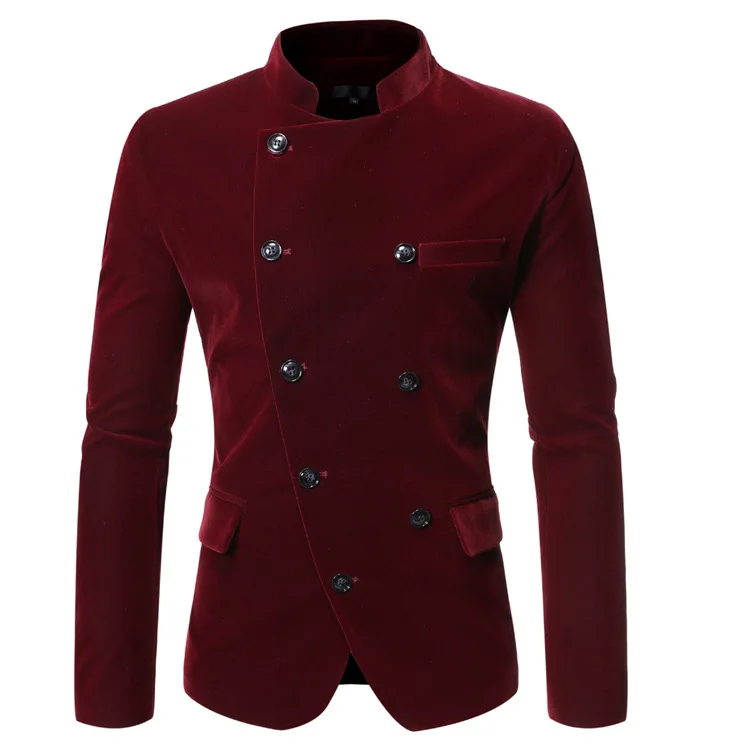 

2019 New Style Men Casual Oblique Placket Double Breasted Stand Collar Suede Slim Fit Banquet Suit