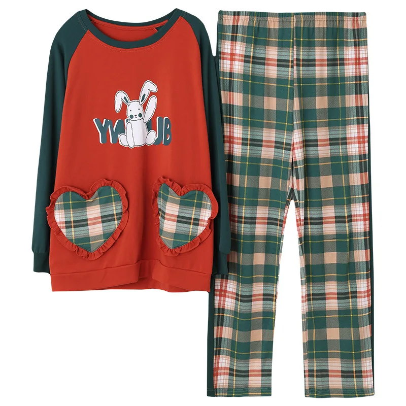 Милая пижама с принтом кролика, Женская Хлопковая пижама с длинными рукавами, милые клетчатые штаны, комплект из двух предметов для девочек, весенне-осенний спортивный костюм, подарки на год