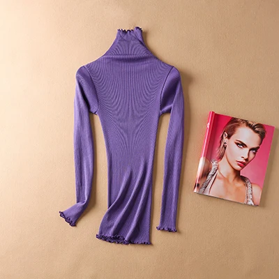 Sweater Women pullovers 80% Natural Silk 20% Cotton turtleneck Rib knits shirt long sleeved sweater Fall winter tops jumper - Цвет: Лаванда