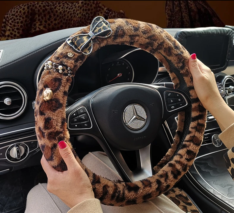 Леопардовая зернистая плюшевая крышка рулевого колеса автомобиля Авто Стайлинг алмазные украшения интерьера аксессуары Чехлы на руль