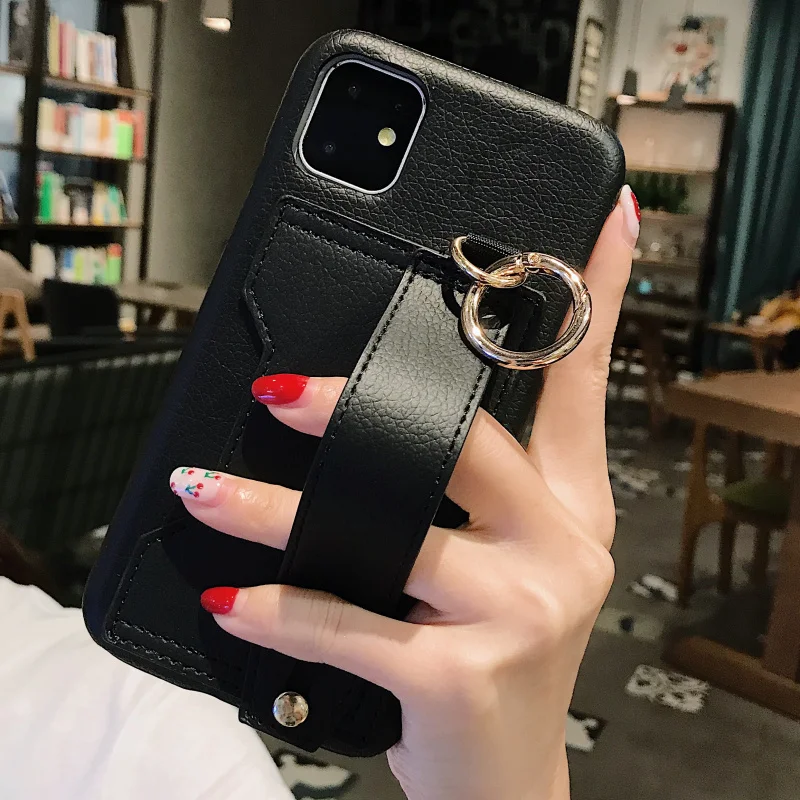Роскошный держатель для карт чехол для iphone 6 7 8 Plus кожаный чехол-кошелек для iphone X XR XS Max 11 Pro Max ремешок на запястье Чехол Для Телефона - Цвет: Черный