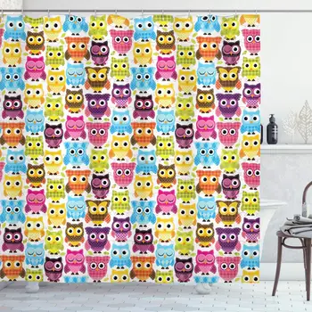 

Owls Home Decor Collection, Owls with Different Expressions Winking Looking Sleeping Colorful Playful Image, Polyester Fabric