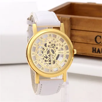 

Fashion Business Watch Women Engrave Skeleton Hollow Reloj Hombre Dress Quartz Wristwatch Leather Band Women Clock Men Watches