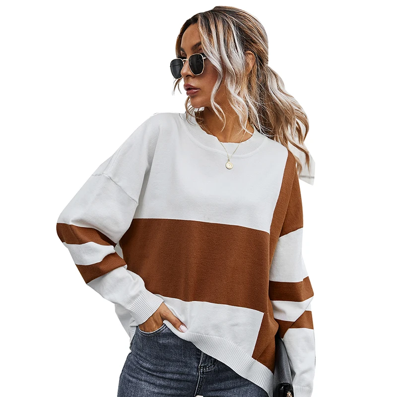 2020 Autumn Spring Sweaters for Women Loose Patchwork Casual Pullovers o Neck Long Sleeve Knitted Pull Female Jumpers Ladies Top | Женская