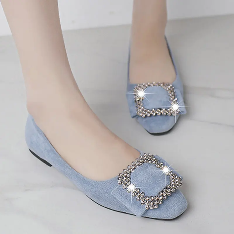 

Size 35-40 2020 New Women Vinatge Flats Spring Blue Pink Black Shoes Woman Flat Heels Nurse Shining Crystal Buckle Loafers