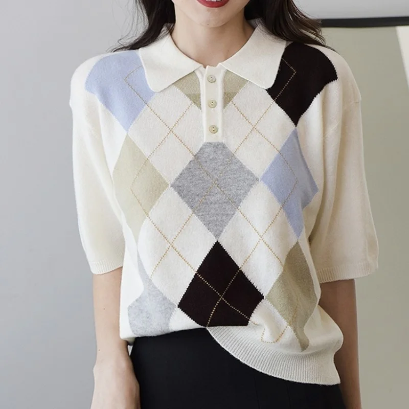 

Винтажные вязаные топы в клетку со стразами, женские осенние офисные Повседневные пуловеры с рукавом до локтя и отложным воротником, шерстяной свитер в клетку