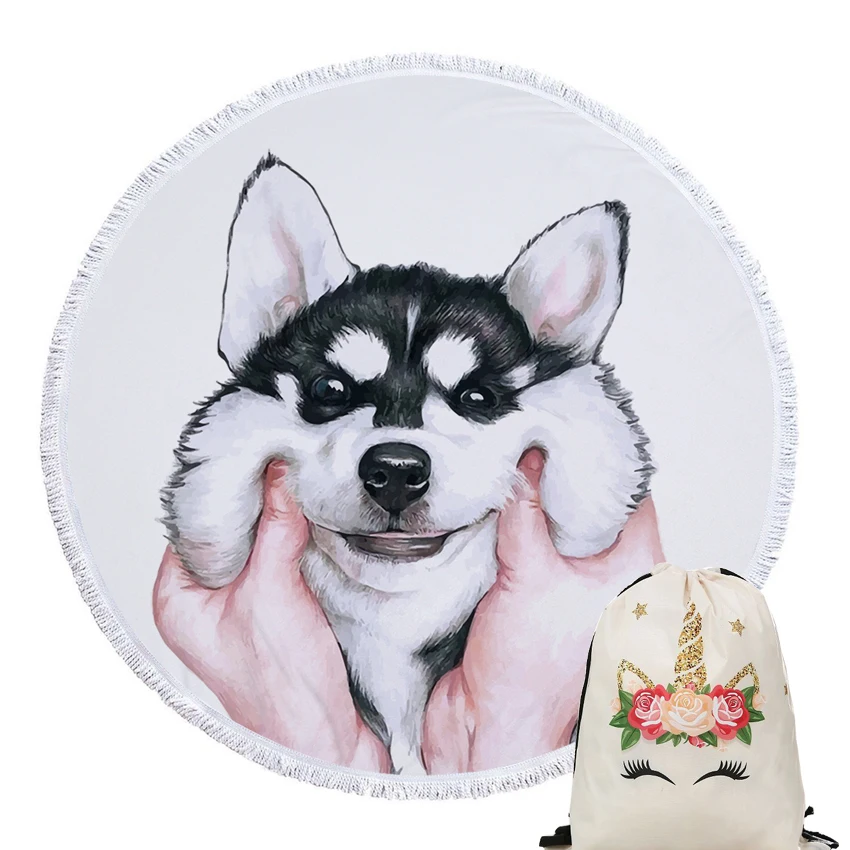 

Cute Dog Soft Round Beach Towel Wall Tapestry Sport Bath Towel Seaside for Adults Kids with Drawstring Backpack Bag Blanket