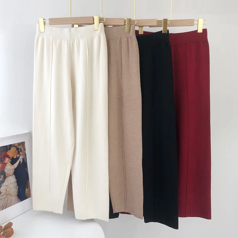 Aachoae Loose Solid Knitted Pants Women Elastic Waist Casual Lady Pants Pleated Leisure Home Wear Long Pants Female Pantalon