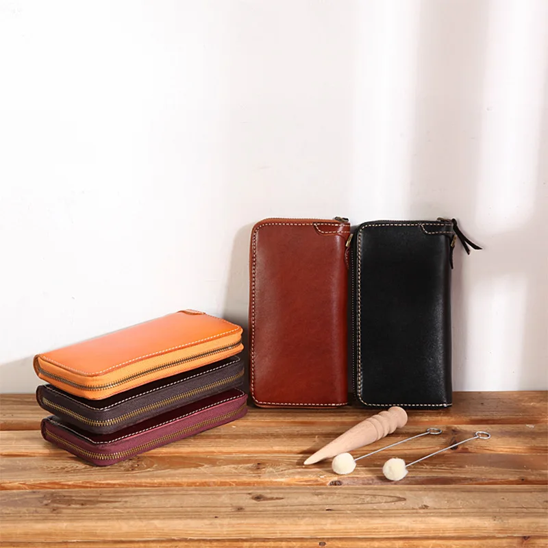 

2019 New Original Handmade Men's and Women's Retro Leather Wallet Handmade Long Zipper Hand Bag