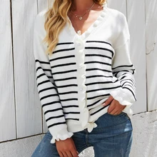

2021 Autumn and Winter New Striped Button Cardigan Women's Fashion Plus Size Sweater Casual Long-sleeved Knitted Tops Streetwear