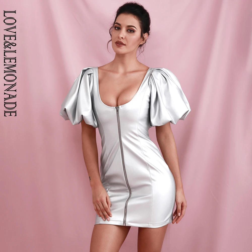 LOVE&LEMONADE Sexy Silver Round Neck Open Zipper Large Bubble Sleeve Elastic PU Bodycon Party Mini Dress LM82233
