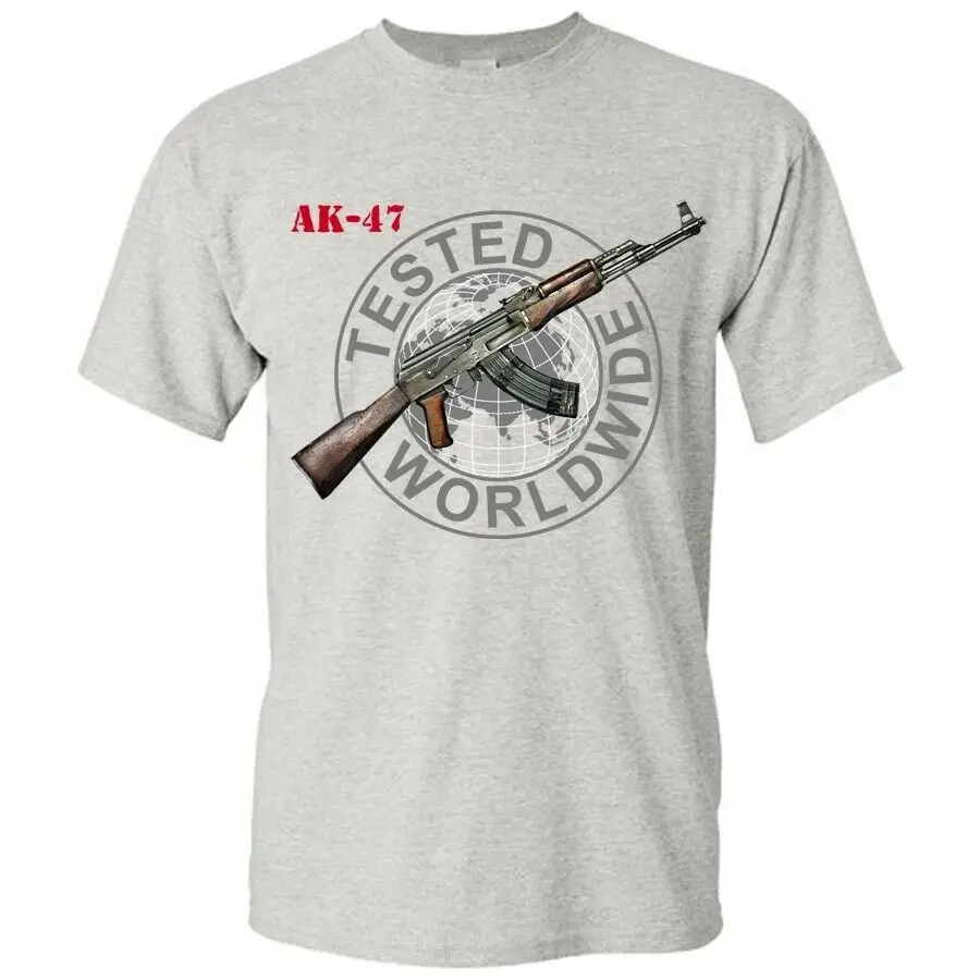 Russian Graphic Cotton Blend Gray T-Shirt Ak-47 Kalashnikov Gun Shirt |