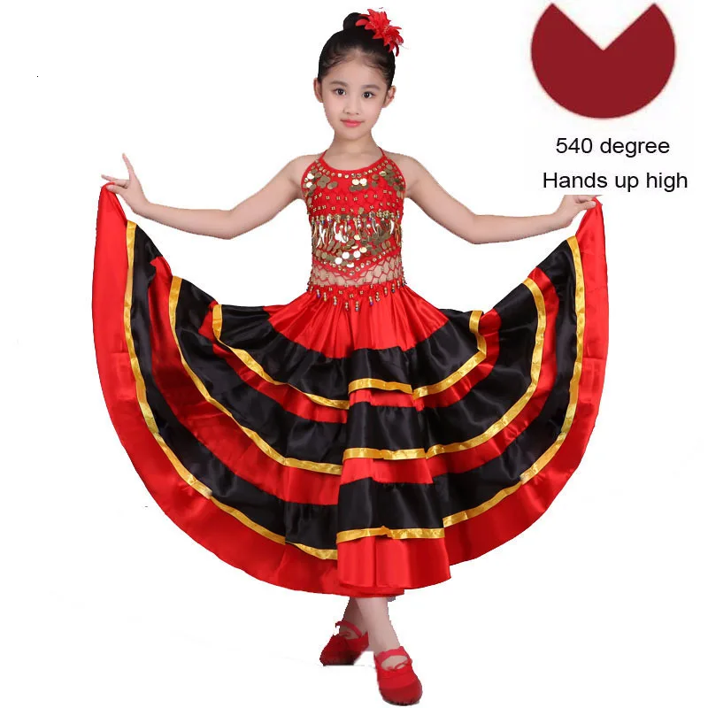 Высококачественная атласная, мягкая, красная, черная, испанское фламенко-юбка для девочек-подростков Полосатое блестящее платье для Бальных и сценических танцев - Цвет: Color1 540degree