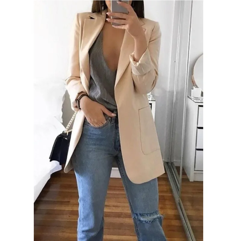 

2019 New Style Spring And Summer Hot Selling Women's Long Sleeve Solid Color with Pockets Cardigan Small Suit Jacket