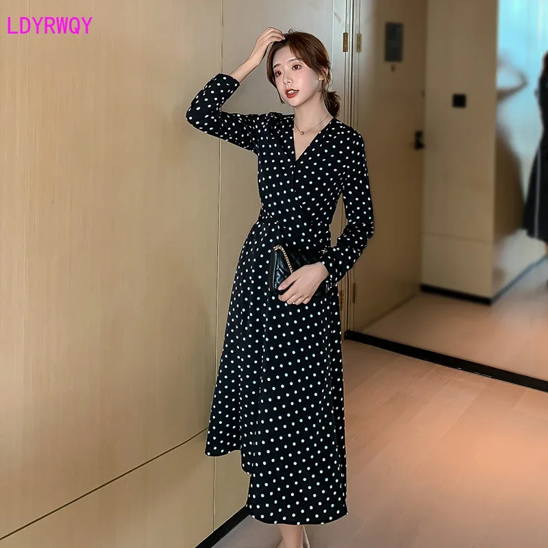 

LDYRWQY spring and summer new Korean women's fashion printed dots v-neck long sleeves waist casual wild A word dress