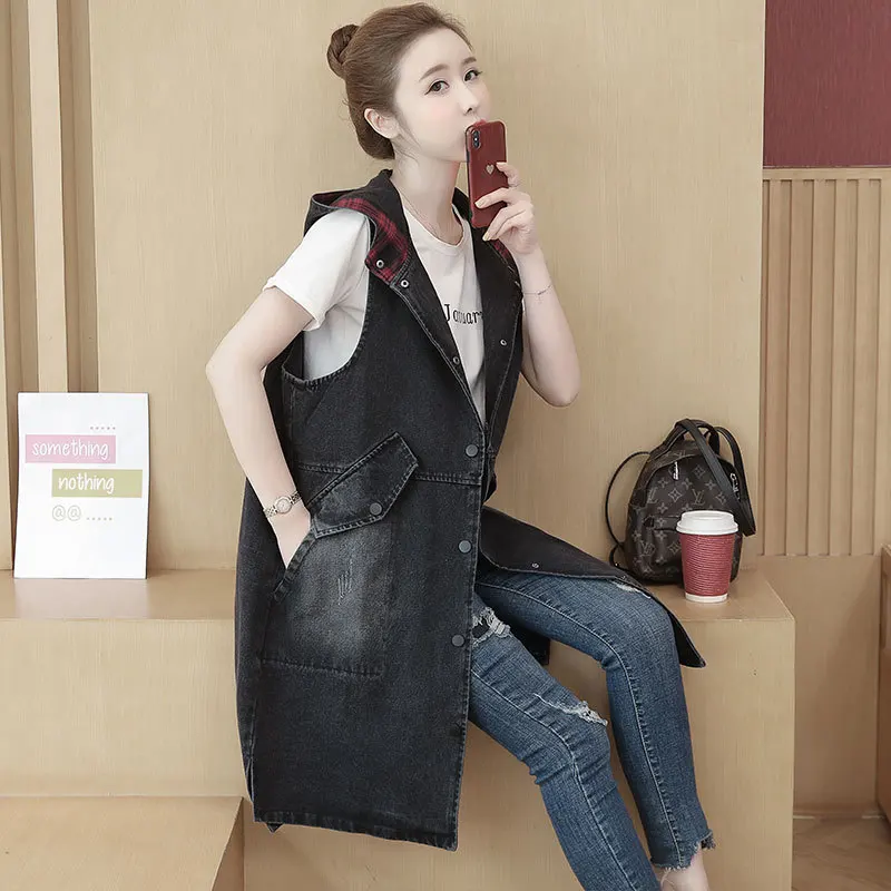 3316 Black Denim Vest Women With Hooded 