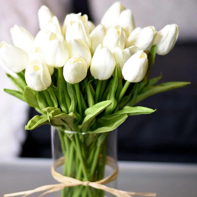10pcs Artificial Tulip Flowers White Yellow Real Touch Tulips Bouquet For Home Garden Decor Wedding Birthday Party Fake Flower
