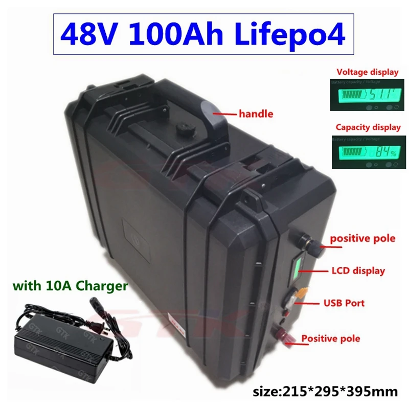 Водонепроницаемый IP67 48V 100Ah LiFepo4 литиевый аккумулятор BMS 16S для солнечной системы инвертор Троллинг мотор для хранения энергии RV+ 10A зарядное устройство