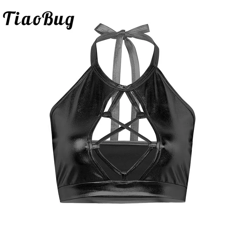 TiaoBug, женские топы с эффектом потертости, металлик, на бретельках, спереди, с открытой спиной, на бретельках, сексуальные топы, для ночного клуба, вечерние, для танцев, фестивальный Рейв, костюм
