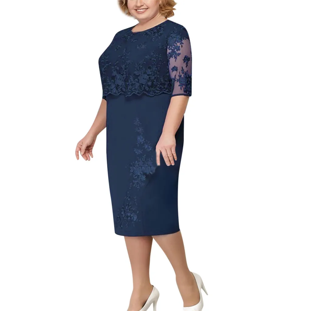 Платье размера плюс 35 и 5XL, женское кружевное платье средней длины с коротким рукавом, винтажное элегантное вечернее платье для мамы - Цвет: Navy