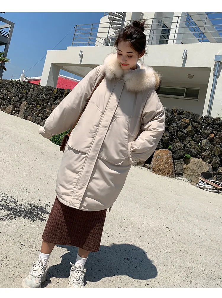 Photo Shoot Autumn And Winter Down Jacket Women's Korean-style Large Fur Collar Loose-Fit Students Cotton-padded Clothes Fa