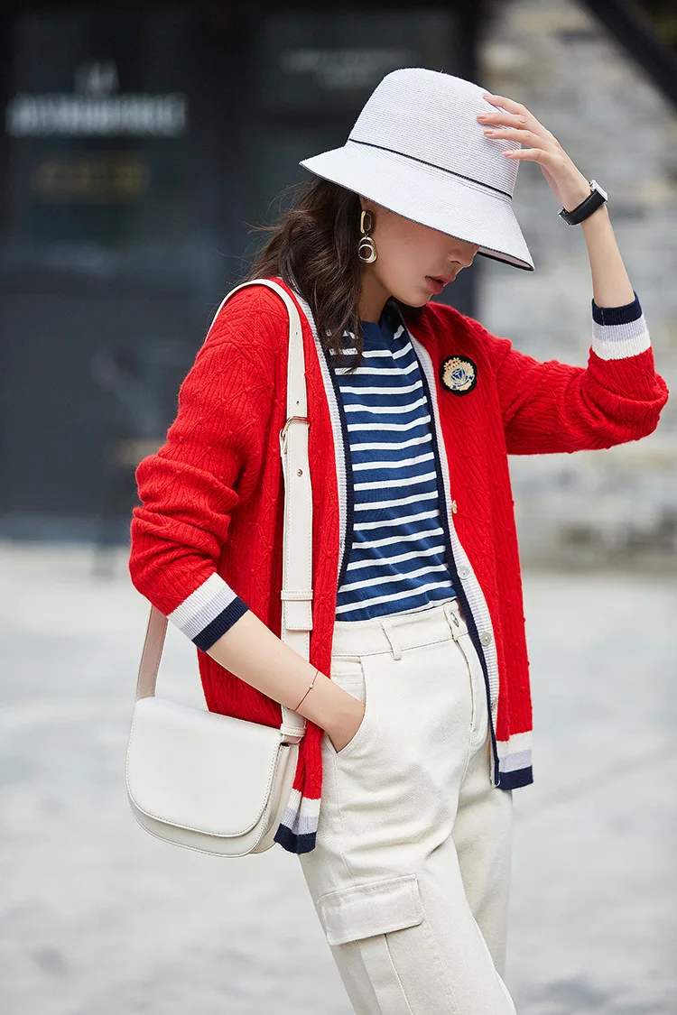 fall Women Autumn Preppy Style Casual Loose Contrast Striped cardigan Wool Knitted Red Sweater jersey mujer sueter damski