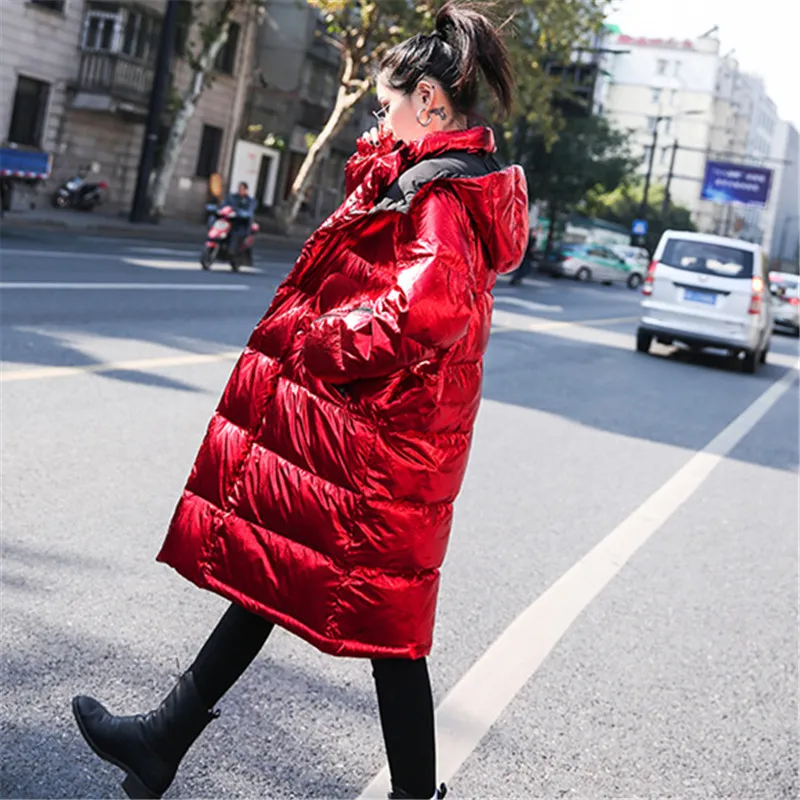 Красная Глянцевая пуховая хлопковая куртка женская зимняя модная длинная парка на молнии с капюшоном Mujer пальто Женская Толстая свободная хлопковая куртка верхняя одежда