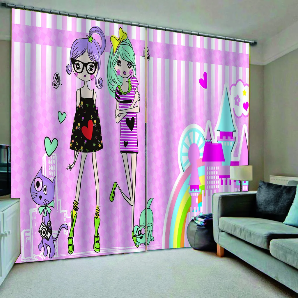 Мультфильм розовые шторы девушки 3D занавески гостиной в спальню Cortinas