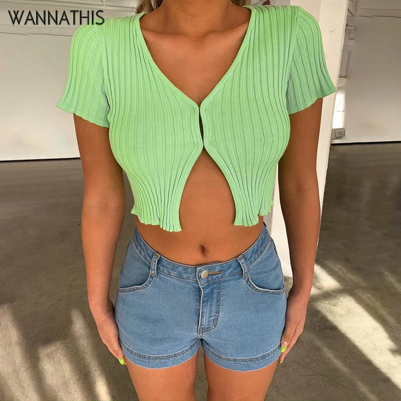 

WannaThis Short Sleeve V-Neck Button Front Split Solid Sexy Cropped Top Women Fashion Summer Elastic Streetwear Ladies Slim Top