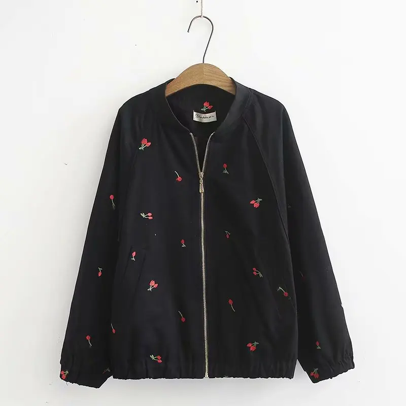 

Autumn Clothing New Style Embroidered Stand Collar Fat Mm Loose And Plus-sized Raglan Sleeve Zipper Jacket Coat WOMEN'S Dress A8