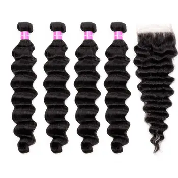 

Brazilian Loose Deep With Closure 100 Human Hair Bundles No Tangle Nature Color 4 Bundles With Closure Remy Human Hair Bundles