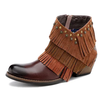 

Retro Vintage Comfortable Women Botas mujer Genuine Leather Simple 3CM Square Heel Ankle Boots Shoes Fringe Metal decoration