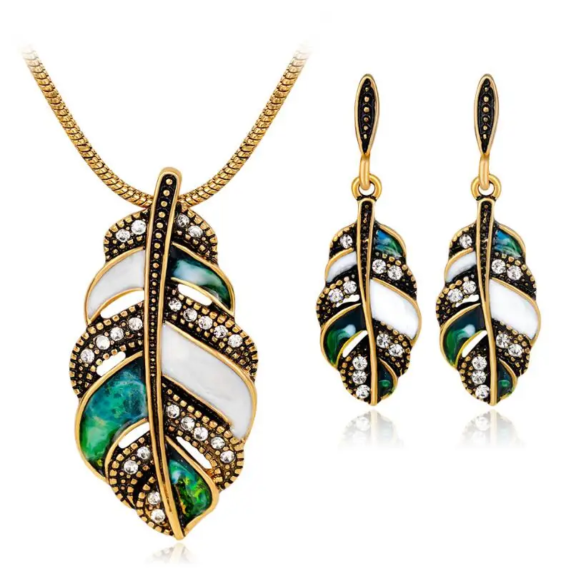 

Enamel Feather Pendant Necklace Earrings Sets Leaf Charm Rhinestone Crystal Jewelry Sets
