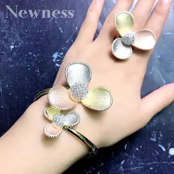 

Newness African Cubic Zirconia Setting Women Wedding Party Luxury Flower Open Cuff Bracelet Bangle And Ring Set Jewelry