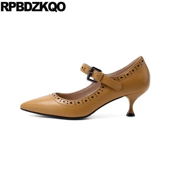 

korean medium heels genuine leather size 4 34 pumps pointed toe thin beige brown luxury kitten fashion brand women shoes 2019